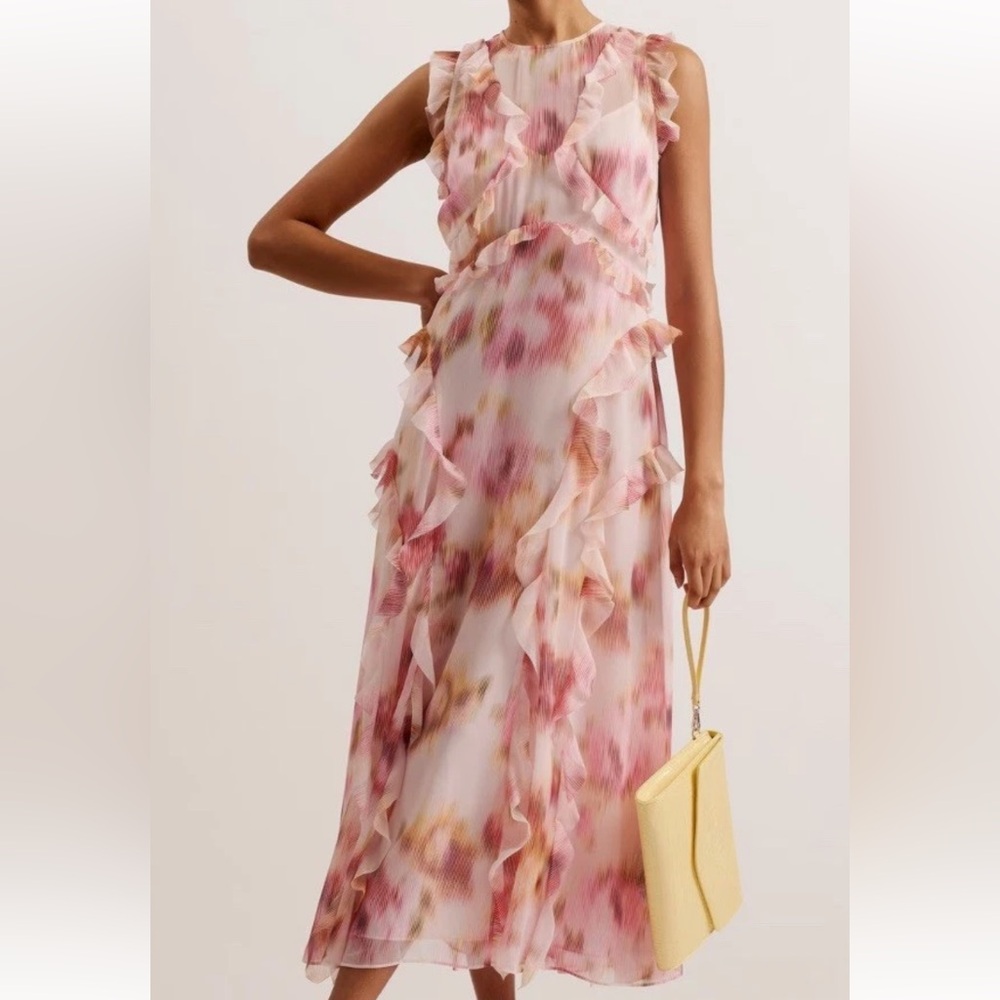 NWT Ted Baker Sleeveless Waterfall Ruffled Midi Dress